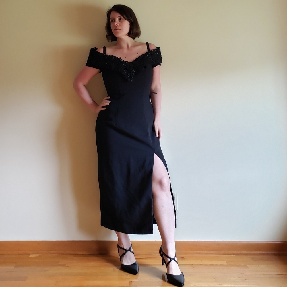 80's Off Shoulder/High Slit Cocktail Dress - 8/10
